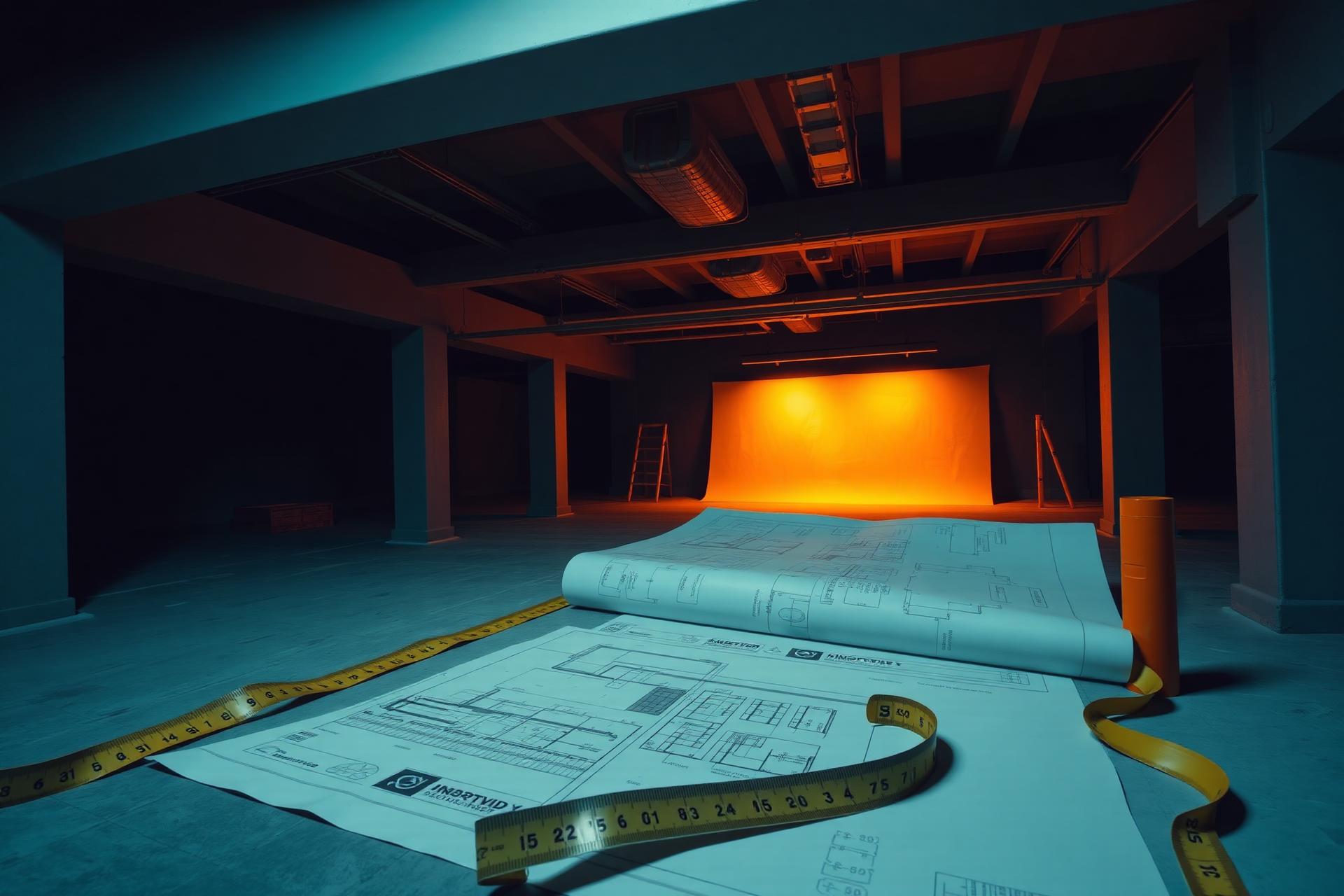 Construction blueprints and measuring tape
